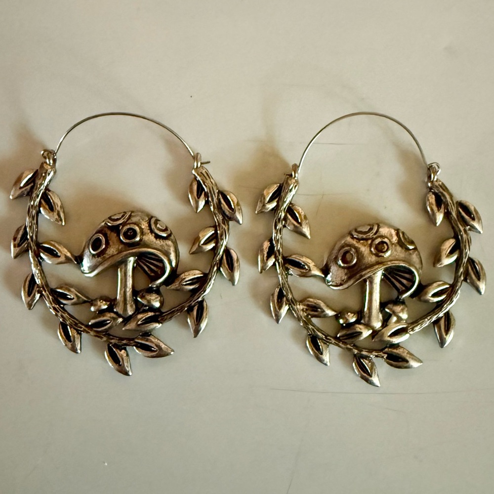 Silver Mushroom Hoop Earrings